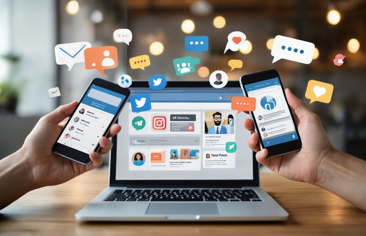 Create a realistic image of diverse hands holding smartphones displaying various social media and online community interfaces with notification bubbles and engagement icons floating around them, set against a modern desk workspace with a laptop showing community forum discussions, warm ambient lighting creating an inviting collaborative atmosphere, absolutely NO text should be in the scene.