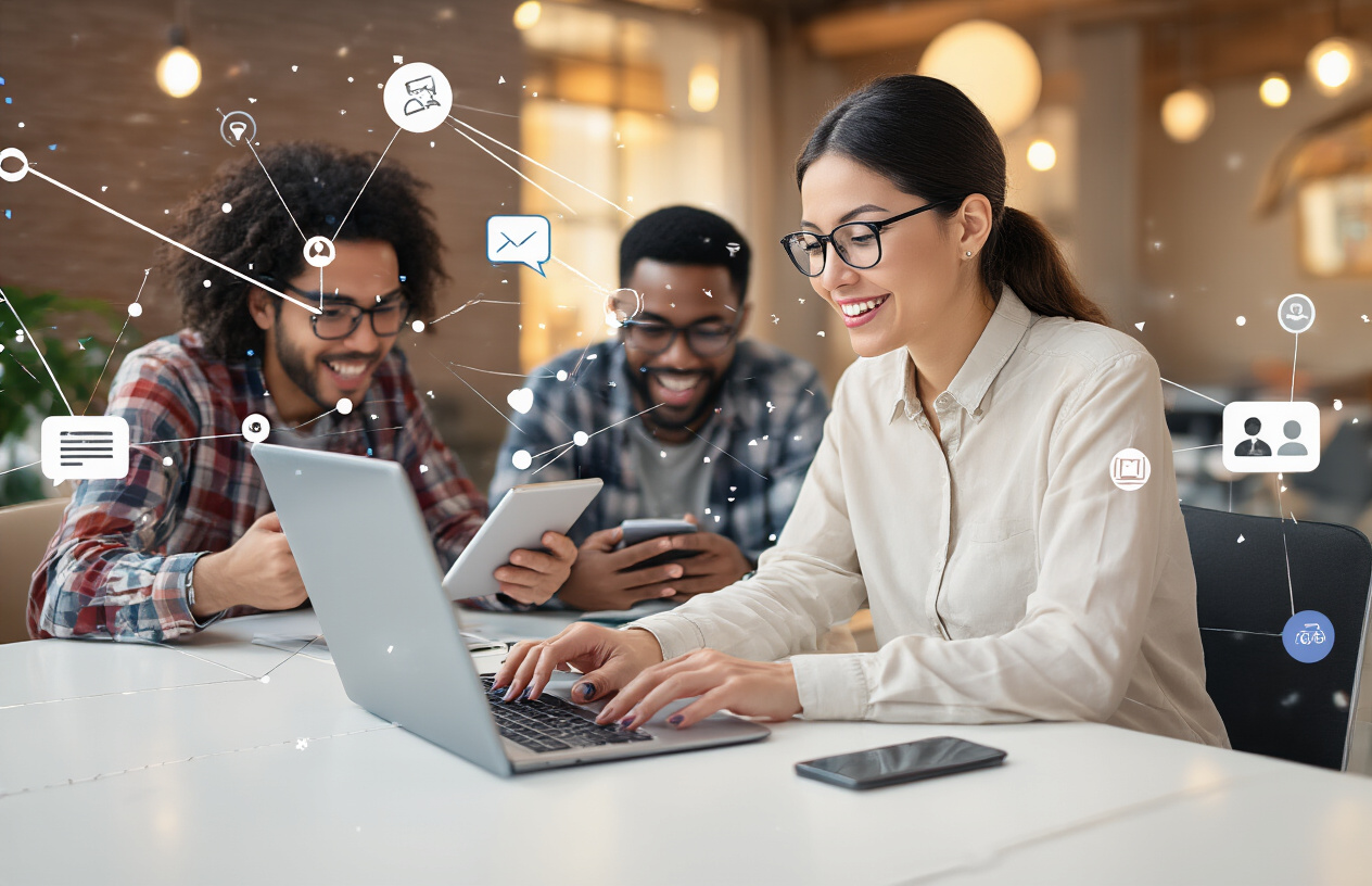 Create a realistic image of multiple diverse people actively engaged in dynamic online community discussions, showing a white female moderator facilitating conversations on a laptop, a black male participant typing enthusiastically on a tablet, and an Asian female community member sharing content on her smartphone, all connected by flowing digital network lines and communication icons floating between their devices, set against a modern collaborative workspace background with warm, inviting lighting that suggests ongoing, sustained engagement and advanced digital interaction strategies, absolutely NO text should be in the scene.