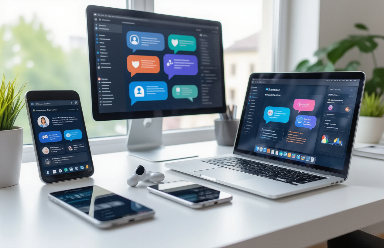 Create a realistic image of a modern workspace showing various digital devices and technology tools for online community engagement, featuring a sleek laptop displaying colorful chat interface bubbles, a smartphone with notification icons, a tablet showing social media feeds, wireless earbuds, and multiple monitors in the background displaying analytics dashboards and community platforms, all arranged on a clean white desk with soft natural lighting from a nearby window, creating a professional and tech-forward atmosphere that represents digital community management and online engagement tools, absolutely NO text should be in the scene.