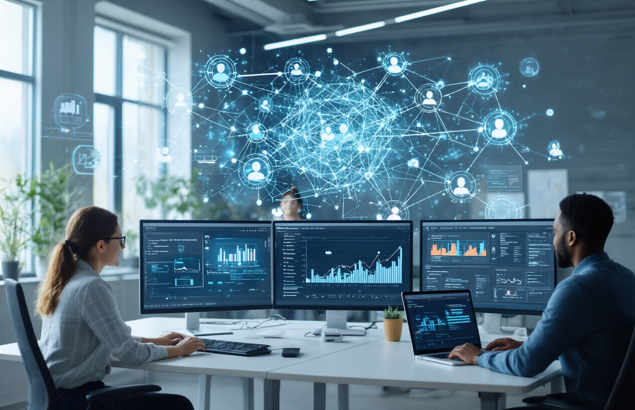 Create a realistic image of a modern digital workspace showing multiple computer screens displaying growing network diagrams and community analytics dashboards, with interconnected nodes expanding from small clusters to large networks, featuring diverse people including a white female and black male community manager collaborating at a sleek desk, surrounded by floating holographic-style data visualizations showing user engagement metrics and conversation threads branching outward, set in a bright contemporary office environment with natural lighting from large windows, conveying a sense of growth and professional community management, absolutely NO text should be in the scene.