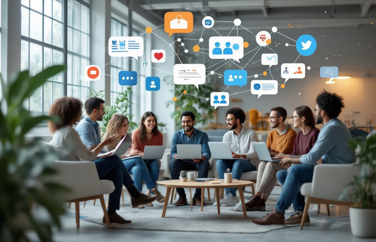 Create a realistic image of a diverse group of people sitting in a modern, bright collaborative workspace with laptops and tablets open, showing animated discussions and positive interactions, with multiple conversation bubbles floating above them containing various social media and community platform icons, surrounded by connecting lines and network nodes that create a web-like pattern in the background, warm natural lighting streaming through large windows, conveying a sense of successful community building and meaningful connections, with a clean minimalist background featuring soft blue and white tones, absolutely NO text should be in the scene.