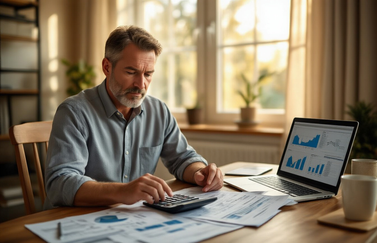 Create a realistic image of a middle-aged white male sitting at a wooden desk with a calculator, financial documents, and expense worksheets spread out, with a laptop displaying financial charts nearby, in a well-lit home office setting with warm natural lighting from a window, conveying a focused and methodical atmosphere of financial planning and calculation. Absolutely NO text should be in the scene.