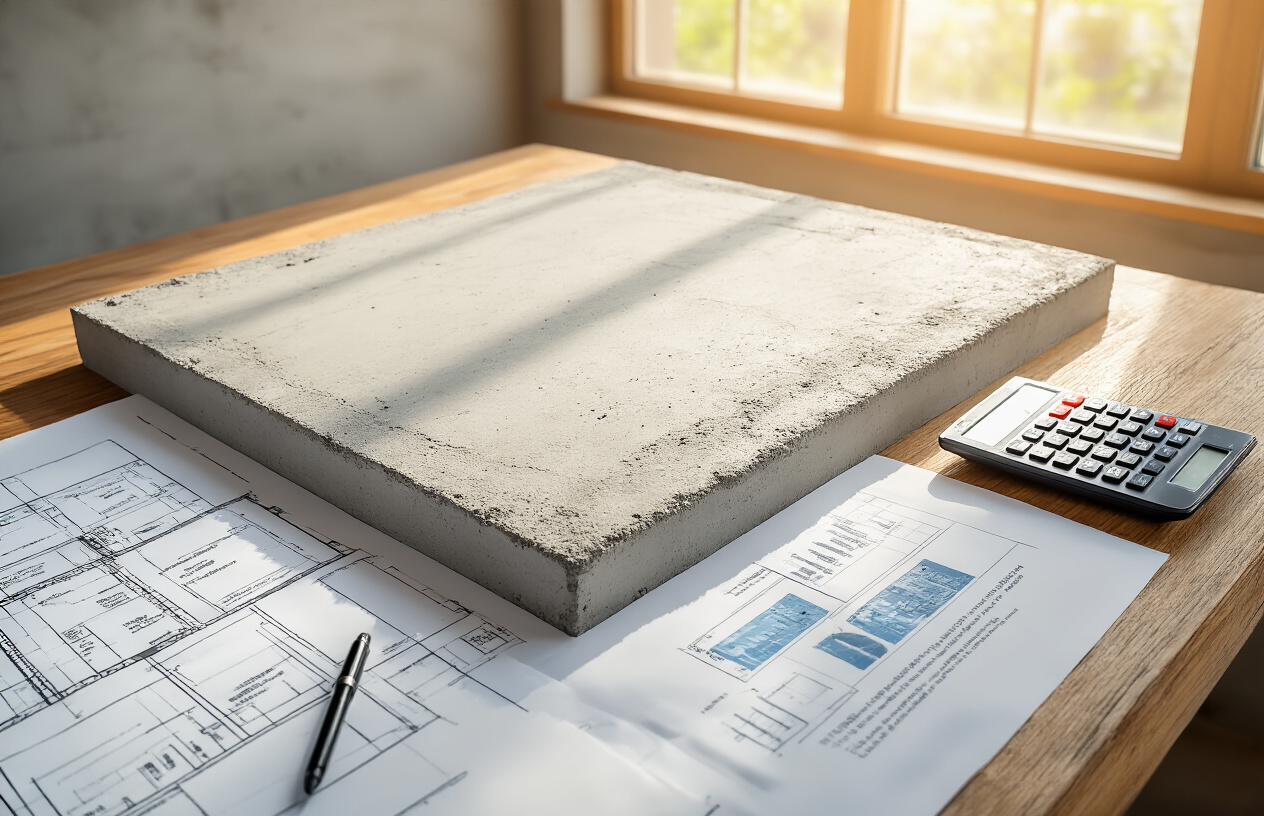 Create a realistic image of a solid concrete foundation or floor being constructed, with architectural blueprints and financial documents spread on a wooden desk nearby, a calculator and pen visible, warm natural lighting from a window creating a professional and secure atmosphere, emphasizing stability and careful planning, absolutely NO text should be in the scene.