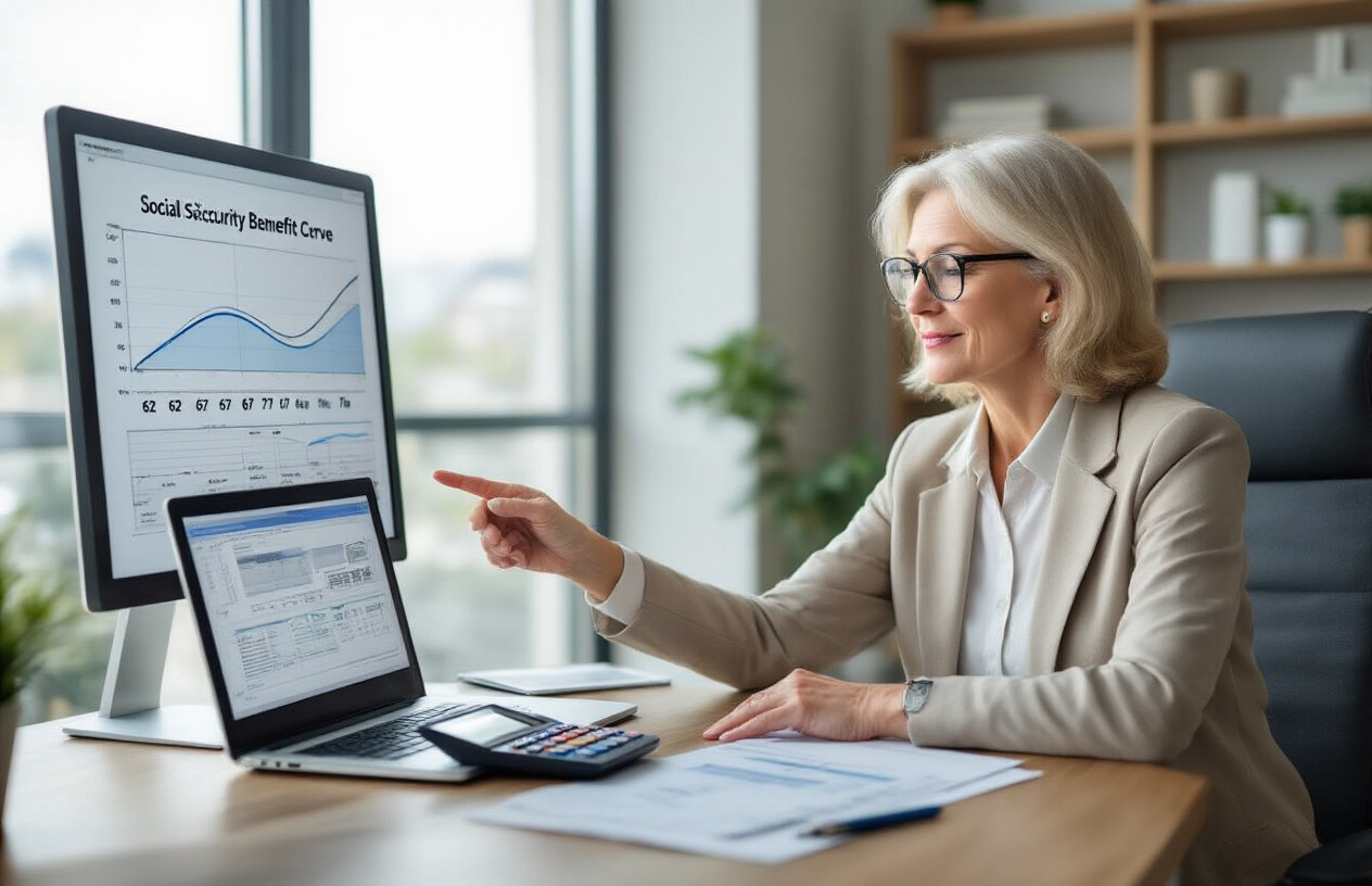 Create a realistic image of a middle-aged white female financial advisor sitting at a modern office desk, pointing to a large wall-mounted chart showing Social Security benefit curves at different claiming ages (62, 67, 70), with a calculator, financial documents, and a laptop displaying retirement planning software on the desk, in a professional office setting with natural lighting from a window, conveying a consultative and strategic planning atmosphere, absolutely NO text should be in the scene.