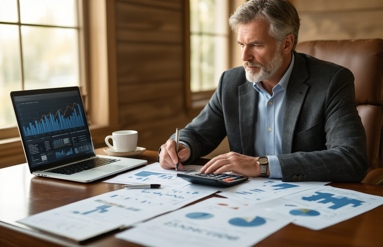Create a realistic image of a middle-aged white male financial advisor sitting at a polished wooden desk with multiple investment charts, graphs, and financial documents spread across the surface, a calculator and laptop computer open showing portfolio data, a coffee cup nearby, warm natural lighting from a window creating a professional and focused atmosphere in a modern office setting, with the person appearing thoughtful while reviewing withdrawal strategy documents. Absolutely NO text should be in the scene.