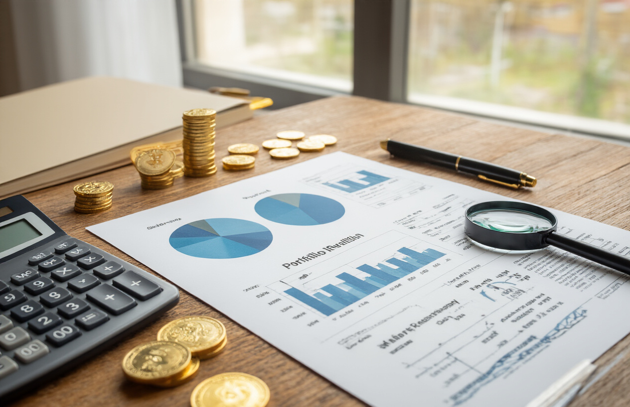 Create a realistic image of a diverse portfolio visualization showing balanced investment allocation with pie charts, bar graphs, and financial documents spread on a wooden desk, featuring a calculator, magnifying glass, and gold coins representing different asset classes, with a calm and professional atmosphere in soft natural lighting from a window, conveying stability and long-term financial planning, absolutely NO text should be in the scene.