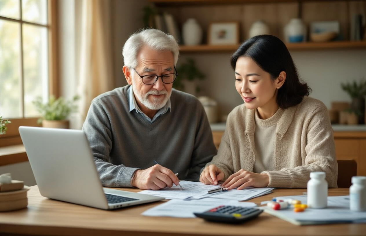 Create a realistic image of an elderly white male and Asian female couple sitting at a wooden table reviewing healthcare documents and medical bills, with a calculator, reading glasses, and a laptop computer showing medical cost charts, surrounded by healthcare-related items like pill bottles and insurance folders, in a well-lit home office setting with warm natural lighting from a window, conveying a thoughtful and planning atmosphere, absolutely NO text should be in the scene.