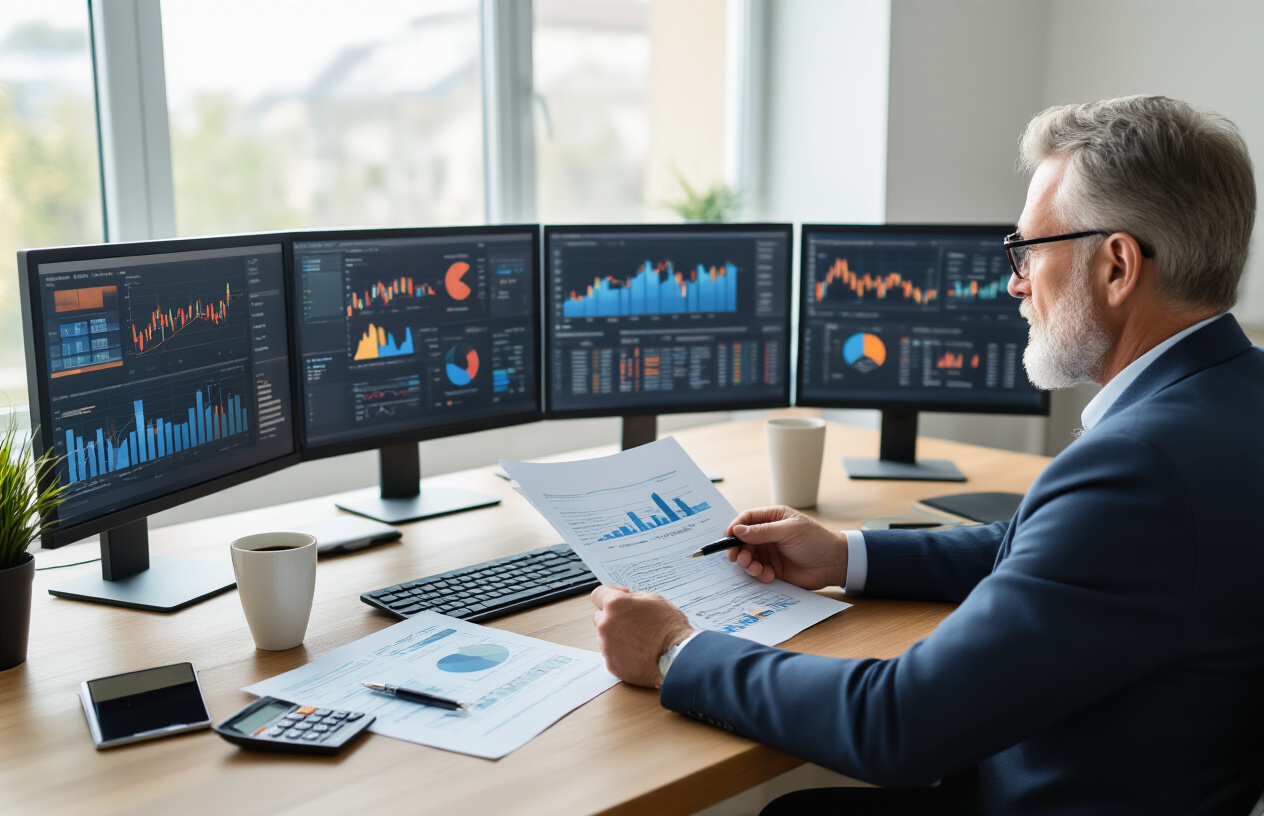 Create a realistic image of a middle-aged white male financial advisor sitting at a modern desk with multiple computer monitors displaying colorful charts, graphs, and financial data dashboards, while holding a pen and reviewing printed documents, with a calculator, tablet, and coffee cup nearby on the wooden desk, in a bright professional office setting with natural lighting from a window, conveying a focused and analytical mood as he monitors investment performance and makes adjustments to retirement planning strategies, absolutely NO text should be in the scene.