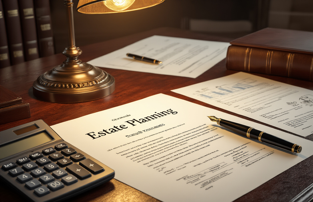 Create a realistic image of an elegant mahogany desk with important estate planning documents spread across its surface including a will, trust documents, and financial portfolios, alongside a sophisticated calculator and a fountain pen, with a warm desk lamp casting soft golden light over the papers, creating a professional and trustworthy atmosphere that conveys careful financial and legal planning, absolutely NO text should be in the scene.