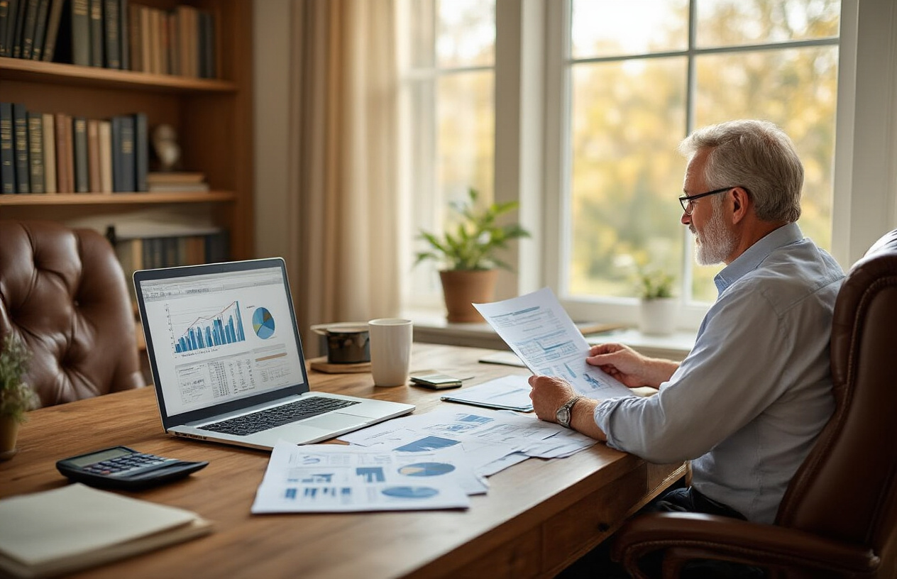 Create a realistic image of a peaceful home office setting with a white male in his early 60s sitting at a wooden desk, reviewing financial documents and charts spread across the surface, with a laptop computer open showing graphs and data, a calculator nearby, comfortable leather chair, warm natural lighting from a window, bookshelves with financial planning books in the background, a sense of accomplishment and security in the atmosphere, representing successful long-term retirement planning completion, absolutely NO text should be in the scene.
