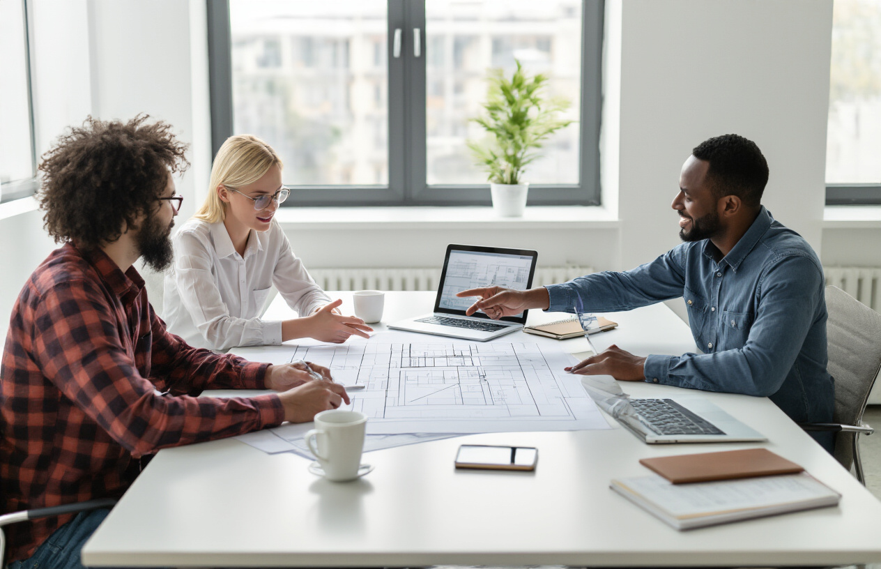 Create a realistic image of a diverse group of people sitting around a modern conference table in a bright, contemporary office space, with a white female and black male actively discussing while pointing at architectural blueprints and foundation diagrams spread across the table, surrounded by laptops, notebooks, and coffee cups, with natural lighting streaming through large windows creating a collaborative and focused atmosphere, showing the conceptual planning phase of building something from the ground up, absolutely NO text should be in the scene.