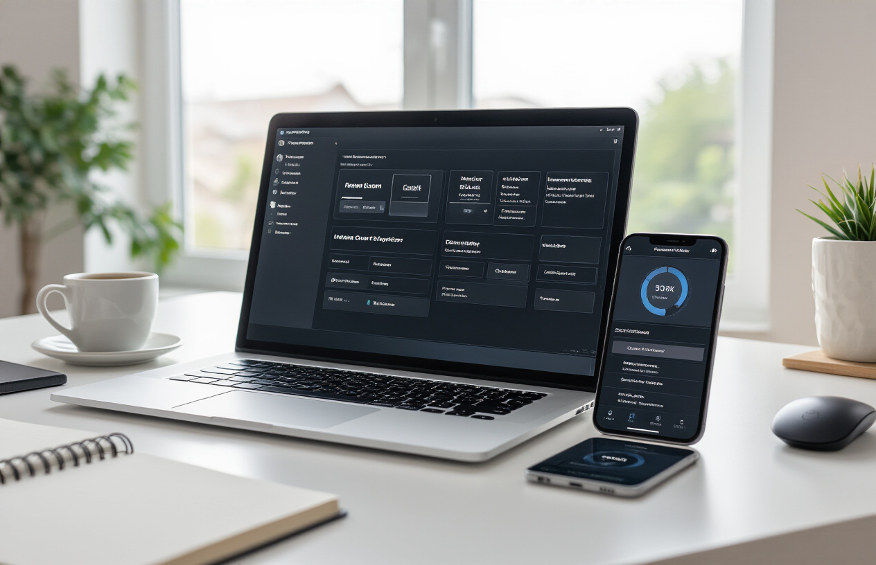 Create a realistic image of a modern laptop computer open on a clean desk displaying multiple platform selection screens and configuration interfaces, with smartphone and tablet devices nearby showing similar setup options, surrounded by organized workspace elements like a notebook, coffee cup, and wireless mouse, set in a bright home office environment with natural lighting from a window, conveying a focused and productive atmosphere for digital platform setup, absolutely NO text should be in the scene.