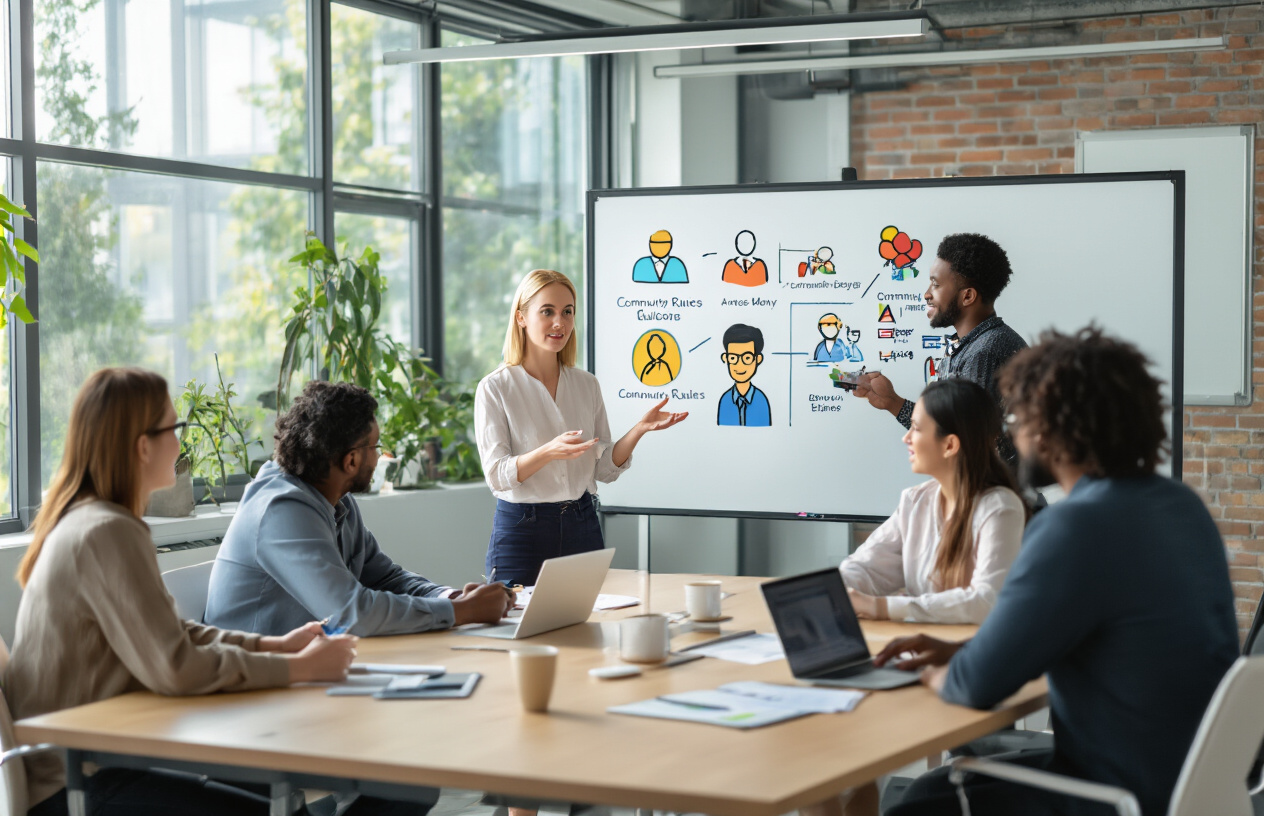 Create a realistic image of a diverse group of people sitting around a modern conference table in a bright, contemporary office space, with a white female facilitator standing and gesturing toward a whiteboard that displays colorful icons and symbols representing community rules and values, while a black male participant takes notes on a laptop, an Asian female points to documents on the table, and other team members of various backgrounds engage in discussion, with natural lighting streaming through large windows, creating a collaborative and professional atmosphere focused on establishing organizational guidelines, Absolutely NO text should be in the scene.