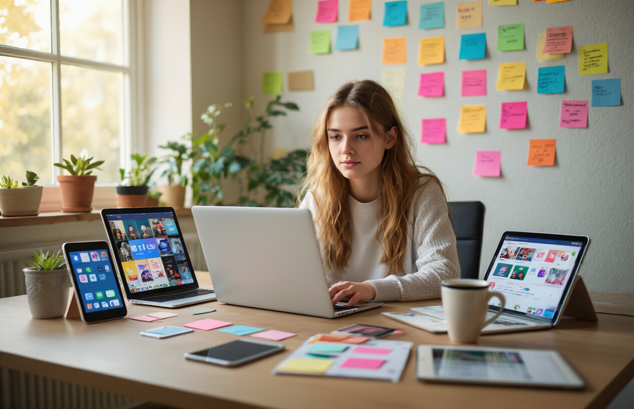Create a realistic image of a young white female sitting at a modern desk with a laptop open, surrounded by multiple smartphones and tablets displaying different social media platforms and community interfaces, with colorful sticky notes organized on the wall behind her, a coffee cup nearby, warm natural lighting from a window, and a focused testing environment atmosphere. Absolutely NO text should be in the scene.