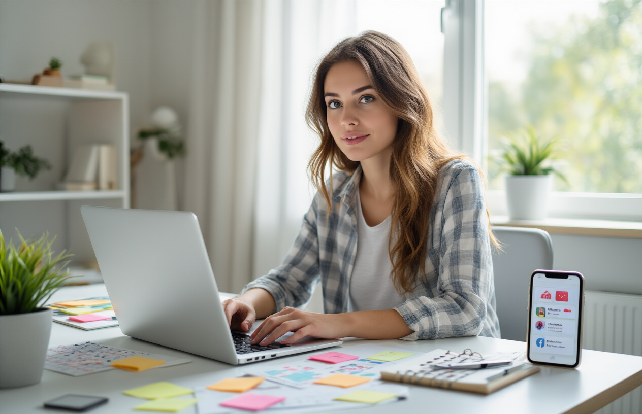 Create a realistic image of a young white female entrepreneur sitting at a modern desk with a laptop computer, surrounded by strategic planning materials like sticky notes, a calendar, and a smartphone displaying social media notifications, with soft natural lighting from a nearby window creating a focused and professional atmosphere in a contemporary home office setting, capturing the essence of launching an online community with careful preparation and digital tools. Absolutely NO text should be in the scene.
