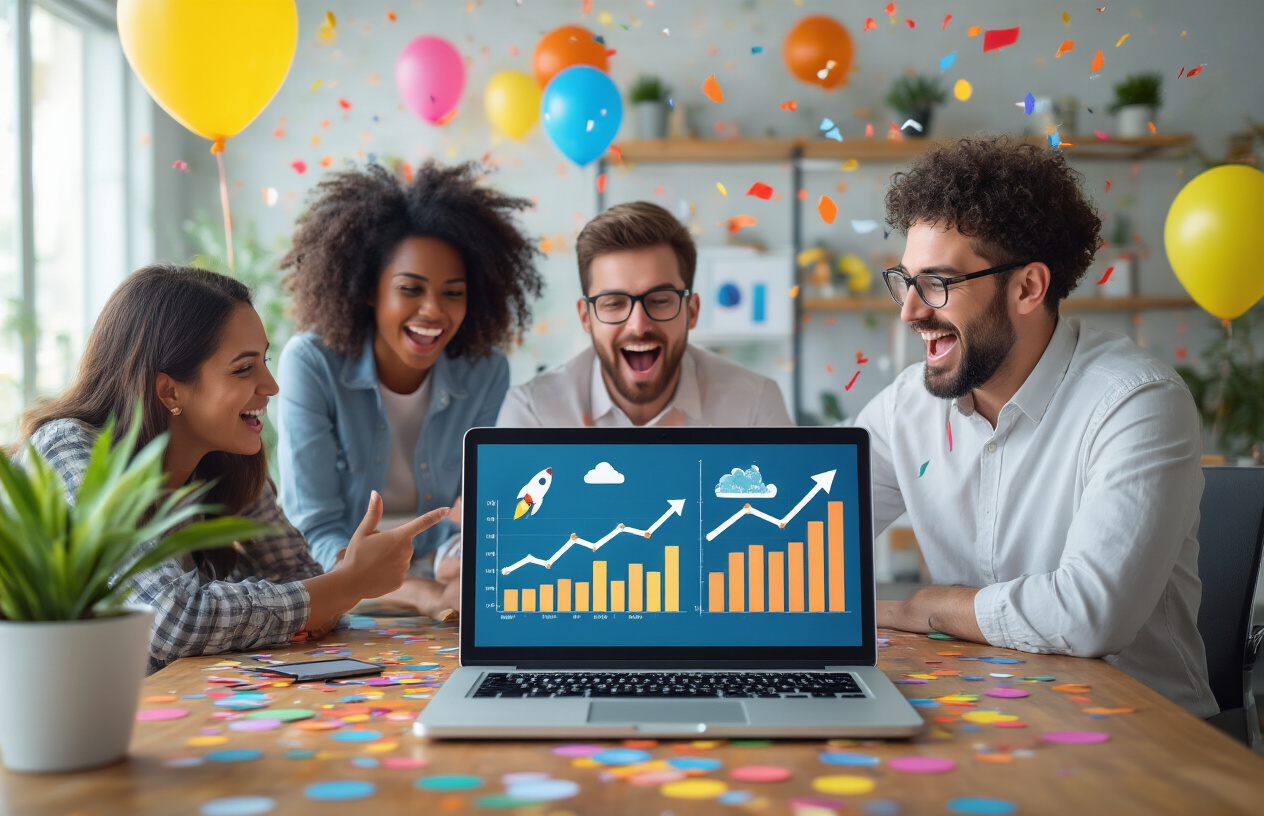 Create a realistic image of a diverse group of people celebrating around a laptop computer showing growth charts and analytics dashboards on the screen, with colorful confetti and balloons in the background, bright office lighting, a white male pointing excitedly at the upward trending graphs while a black female and Asian male look on with enthusiasm, rocket ship icon visible on the laptop screen symbolizing launch success, modern workspace setting with plants and motivational elements, cheerful and energetic mood conveying successful community launch and growth momentum, absolutely NO text should be in the scene.