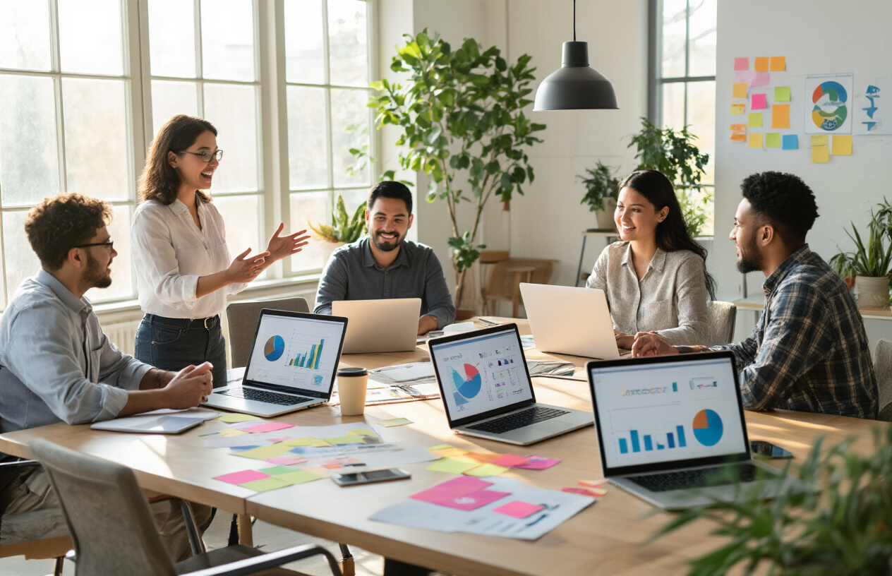 Create a realistic image of a diverse group of people actively engaging with laptops and mobile devices in a modern, bright workspace with large windows, showing a white female moderator standing and gesturing enthusiastically while a black male, Asian female, and Hispanic male are seated around a collaborative table with their devices open, displaying various colorful charts and graphs on screens, with sticky notes and planning materials scattered on the table, warm natural lighting creating an energetic and productive atmosphere, plants and modern furniture in the background suggesting growth and sustainability, capturing the essence of sustained community building and long-term digital engagement strategies, absolutely NO text should be in the scene.