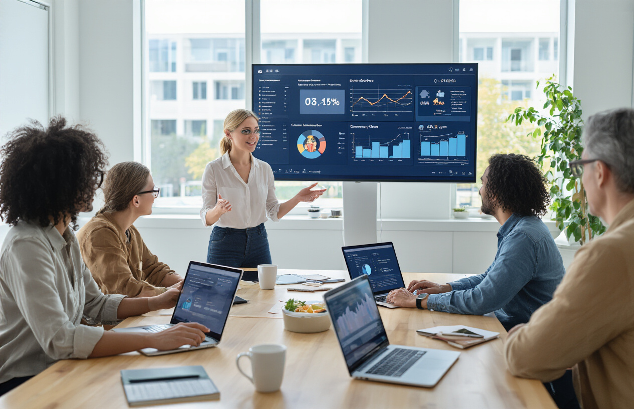 Create a realistic image of a diverse group of people sitting around a modern conference table with laptops and tablets open, showing various online community interface screens, with a white female facilitator standing and gesturing towards a large wall monitor displaying community analytics and growth charts, in a bright contemporary office space with natural lighting from large windows, conveying a sense of accomplishment and successful collaboration, with coffee cups and notebooks scattered on the table suggesting an intensive but successful planning session, absolutely NO text should be in the scene.