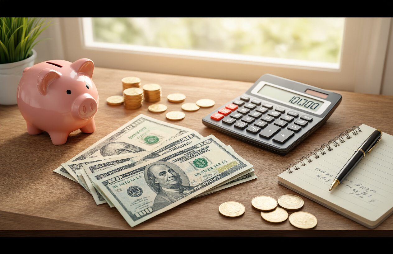 Create a realistic image of Indian currency notes and coins arranged neatly on a wooden desk with a calculator showing 10000, a piggy bank, a small notebook with handwritten numbers, and a pen nearby, soft natural lighting from a window creating a warm and organized financial planning atmosphere, absolutely NO text should be in the scene.