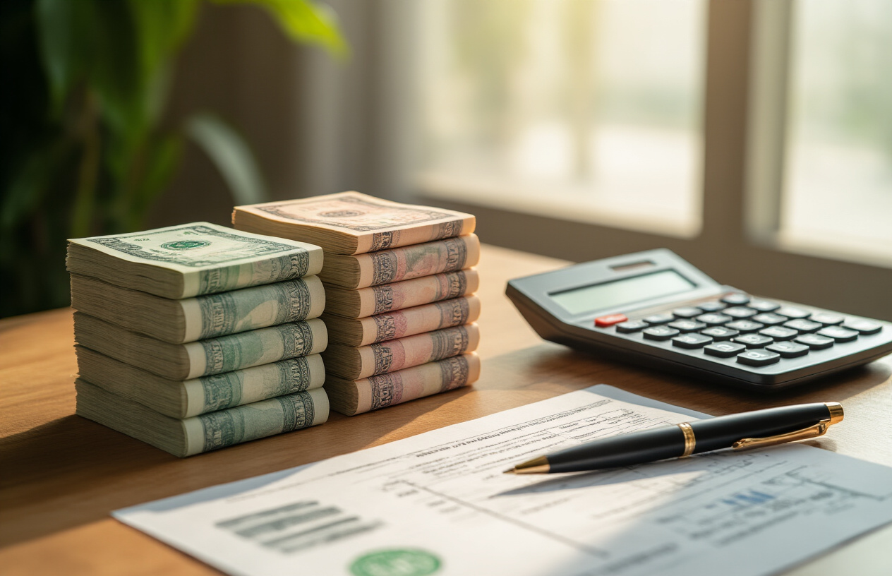 Create a realistic image of four distinct stacks of Indian rupee notes arranged on a clean wooden desk surface, with each stack representing different proportions - three larger equal stacks and one smaller stack to visualize the 30:30:30:10 investment allocation rule, accompanied by a modern calculator, a sleek pen, and some financial documents partially visible in the background, soft natural lighting from a window creating gentle shadows, professional office environment with a calm and organized atmosphere, Absolutely NO text should be in the scene.