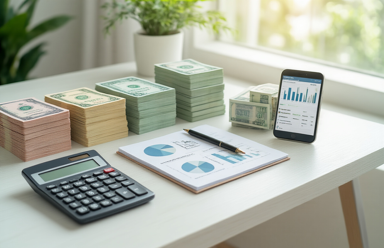Create a realistic image of a clean, modern desk setup showing financial planning with four distinct piles of Indian rupee notes representing the 30:30:30:10 budget allocation framework, alongside a calculator, smartphone displaying a budgeting app, and a notebook with pie charts and budget categories, all arranged on a white wooden desk with soft natural lighting from a nearby window, creating a professional and organized financial planning atmosphere. Absolutely NO text should be in the scene.