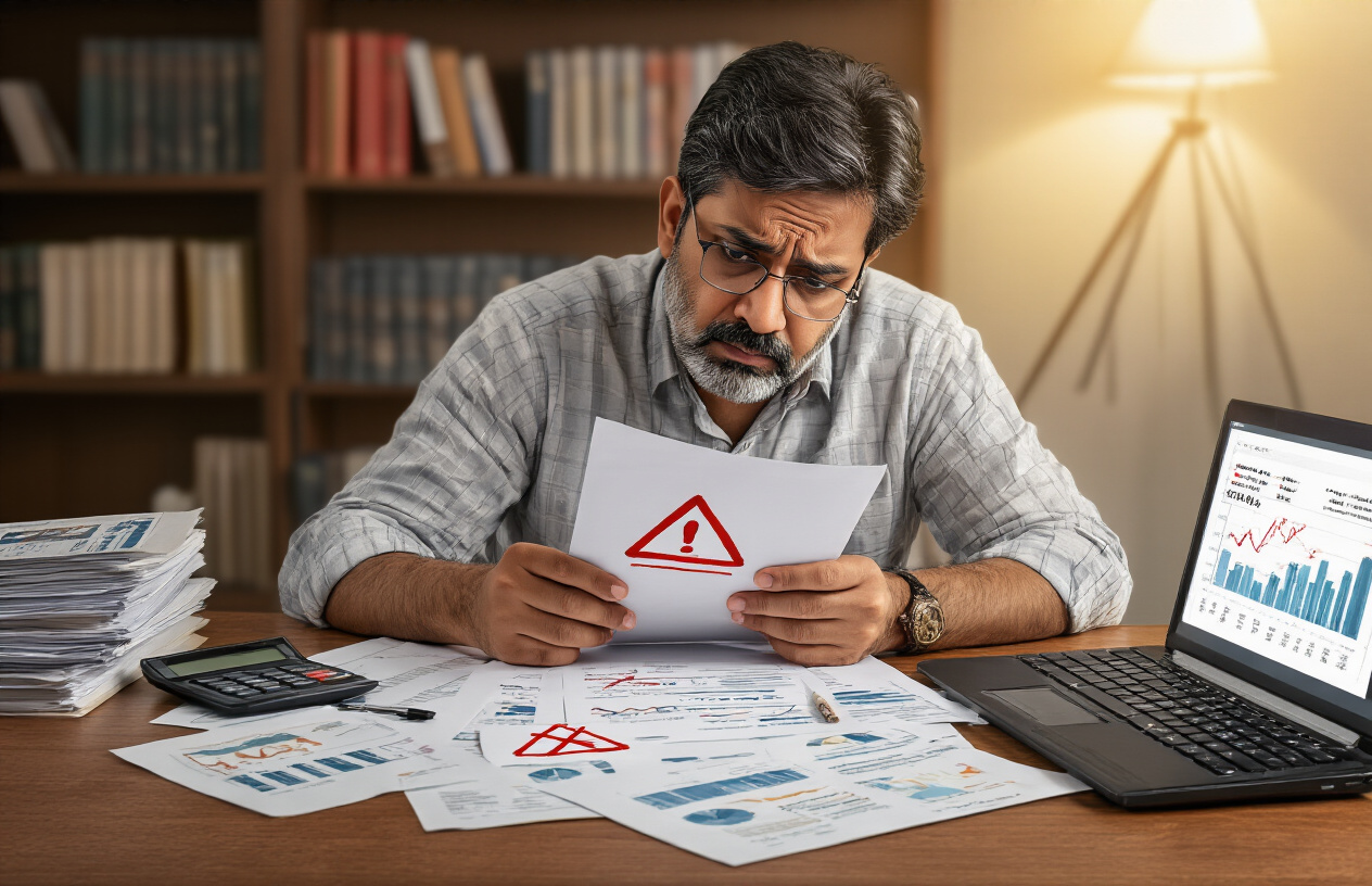 Create a realistic image of a middle-aged Indian male sitting at a wooden desk looking concerned while reviewing financial documents with red warning symbols and crossed-out items, surrounded by scattered papers showing charts with declining trends, a calculator, and a laptop displaying financial graphs, with a bookshelf containing financial planning books in the background, warm office lighting creating a serious but educational atmosphere, absolutely NO text should be in the scene.