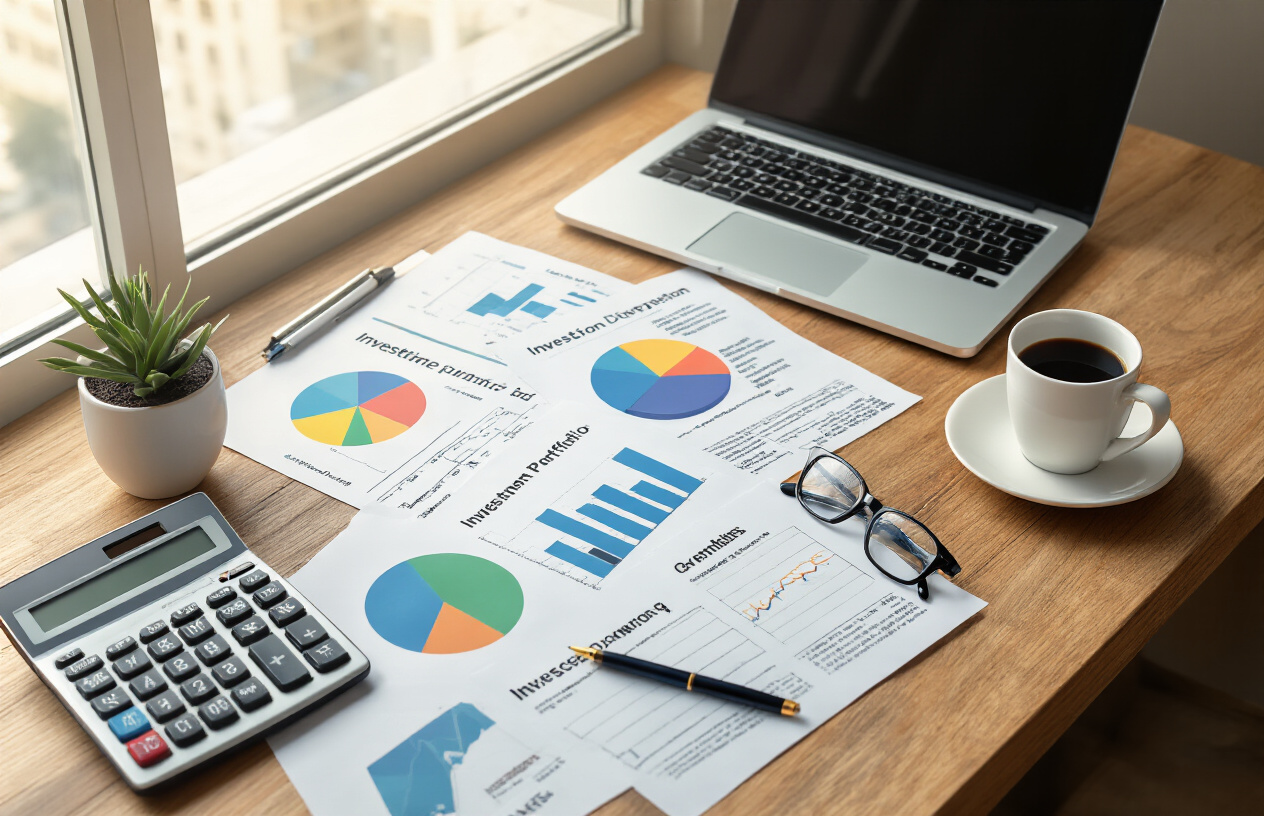 Create a realistic image of a modern office desk scene showing investment portfolio diversification with scattered financial documents, colorful pie charts, bar graphs, and investment certificates spread across a wooden desk surface, accompanied by a calculator, laptop computer, reading glasses, and a cup of coffee, with soft natural lighting from a nearby window creating a professional and organized atmosphere, absolutely NO text should be in the scene.