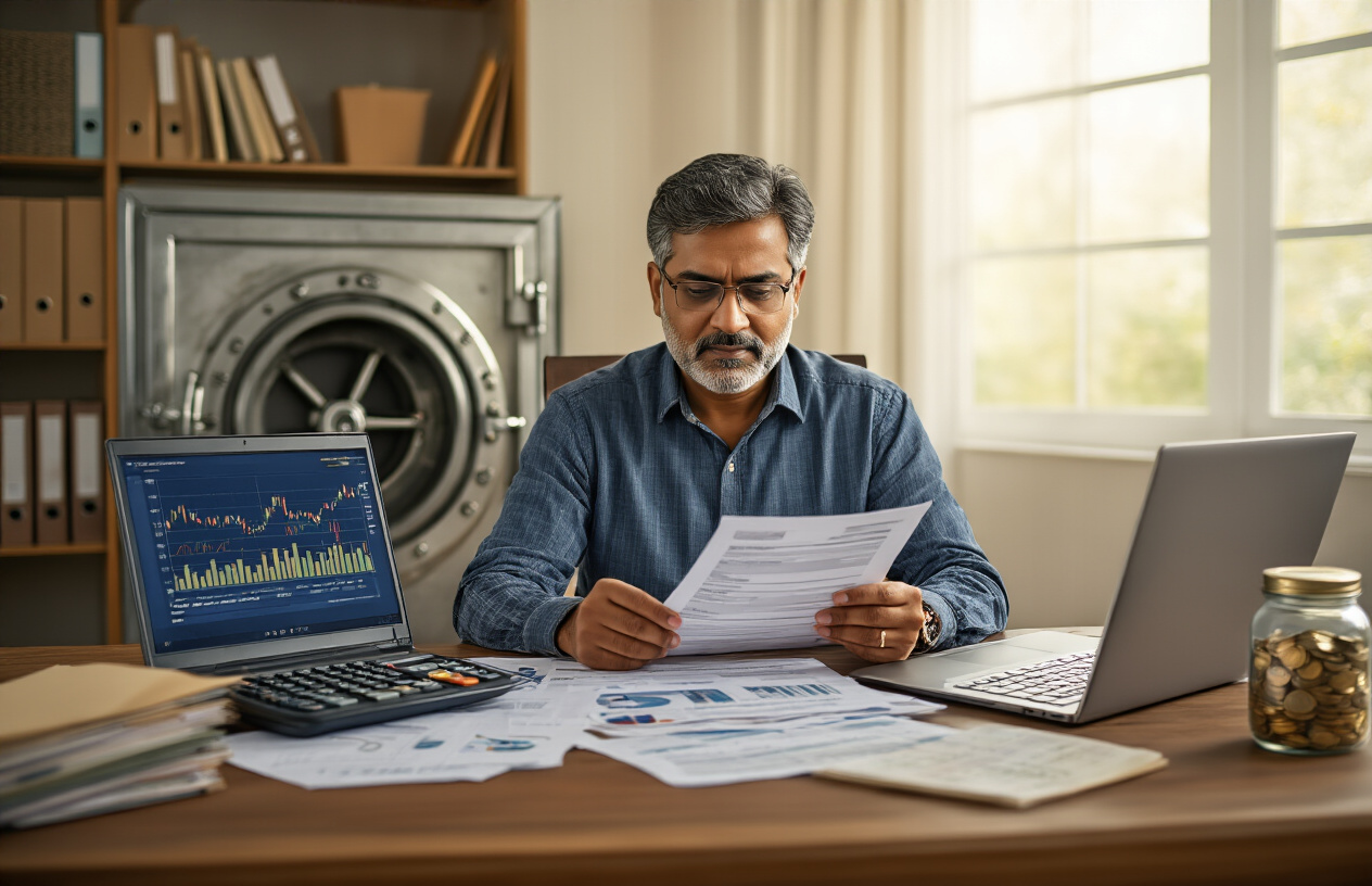 Create a realistic image of a middle-aged Indian male sitting at a wooden desk with financial documents, calculator, and laptop open showing investment charts, with a secure vault or safe visible in the background, surrounded by organized file folders and emergency fund jar filled with coins, in a well-lit home office setting with warm natural lighting from a window, conveying stability and financial security, absolutely NO text should be in the scene.
