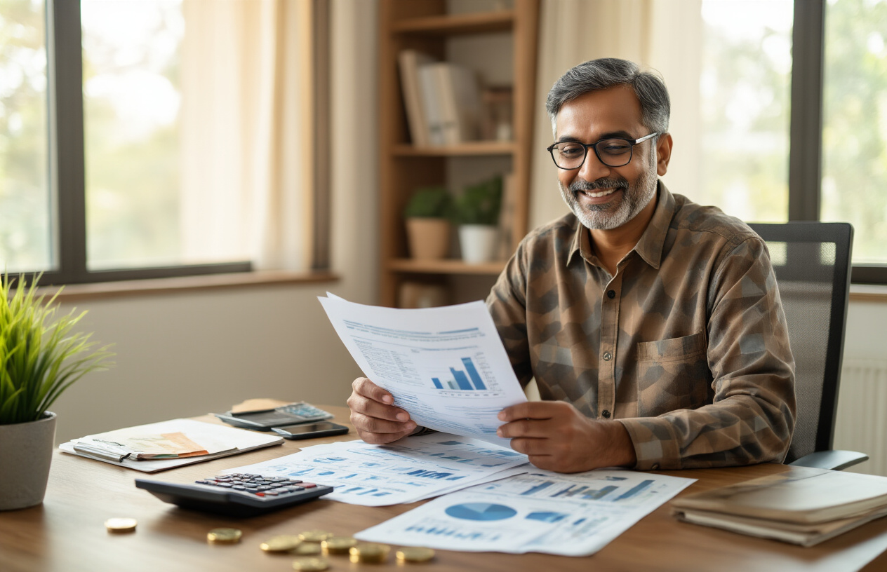 Create a realistic image of a middle-aged Indian male sitting at a modern wooden desk with a satisfied smile, looking at financial documents and charts spread across the surface, with a calculator, smartphone, and small potted plant nearby, a comfortable home office setting with warm natural lighting from a window, conveying a sense of accomplishment and financial security, with rupee coins and banknotes subtly placed on the desk alongside investment portfolio folders, creating an atmosphere of successful retirement planning completion, absolutely NO text should be in the scene.
