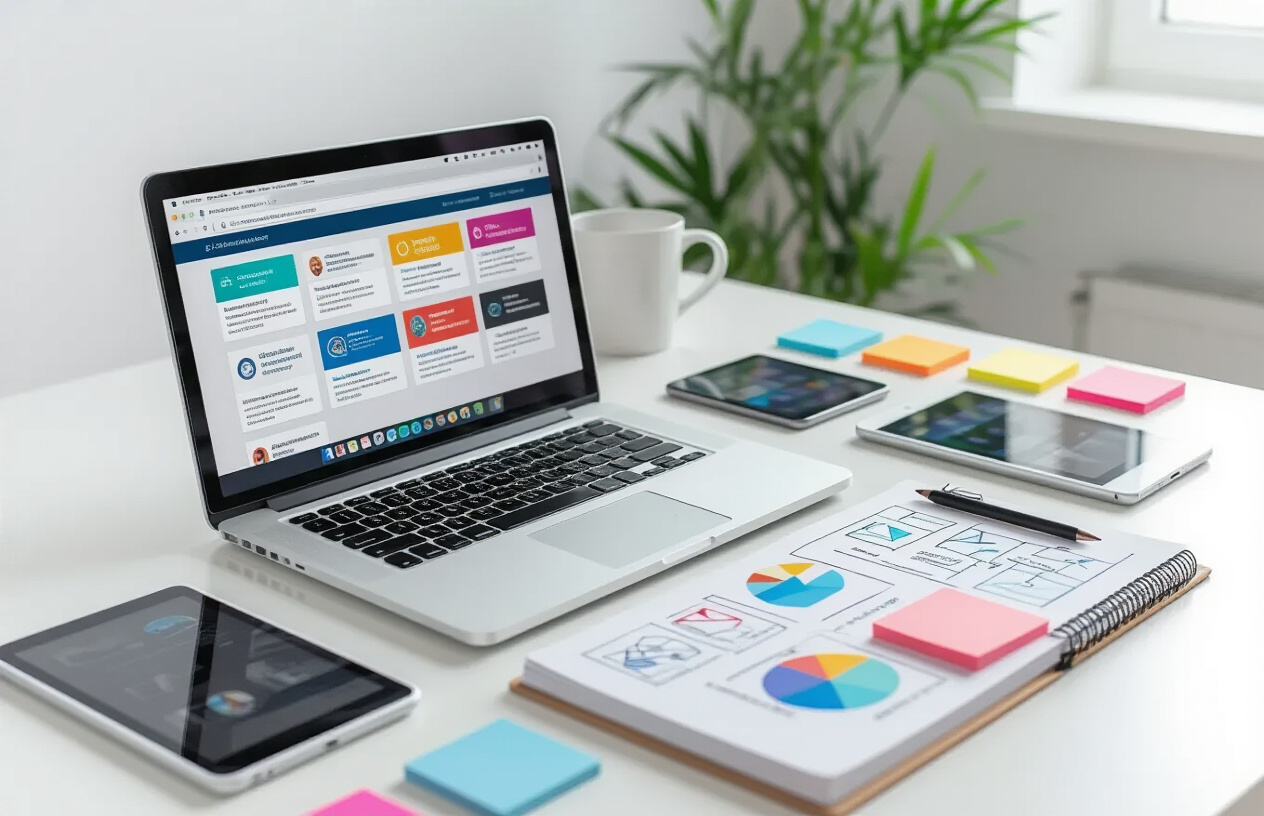 Create a realistic image of a modern office desk with an open laptop displaying multiple browser tabs showing different community platform interfaces, surrounded by various devices including a tablet and smartphone also showing platform options, with colorful sticky notes and a notebook with sketched diagrams of community structures, set against a clean white background with soft natural lighting from a nearby window, conveying a professional comparison and evaluation atmosphere. Absolutely NO text should be in the scene.