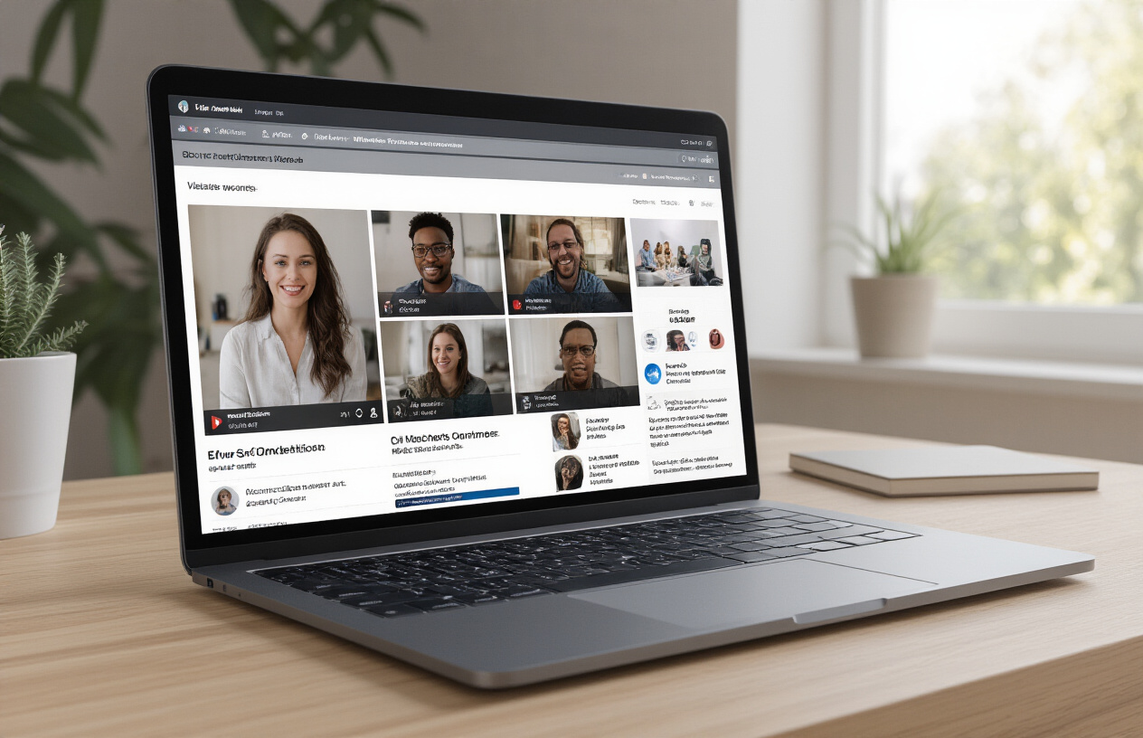 Create a realistic image of a modern laptop screen displaying a video-centric community platform interface with multiple video thumbnails arranged in a grid layout, showing diverse content creators including a white female coach and black male creator in video call windows, with a sleek dashboard featuring video streaming elements, community engagement tools, and a clean user interface design, set on a contemporary wooden desk with soft natural lighting from a nearby window, creating a professional and inviting atmosphere for online content creation and community building, absolutely NO text should be in the scene.