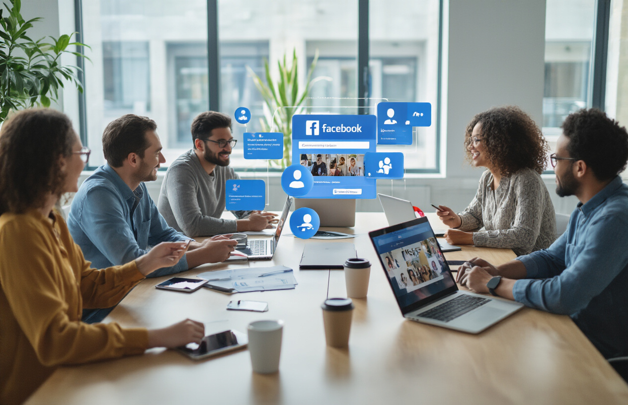 Create a realistic image of a diverse group of people sitting around a modern conference table with laptops and smartphones, actively engaging in discussion about community building, with Facebook's iconic blue interface elements visible on their device screens showing group features and member interactions, set in a bright contemporary office space with large windows, conveying collaboration and connection, warm natural lighting creating an inviting atmosphere for online community management, absolutely NO text should be in the scene.