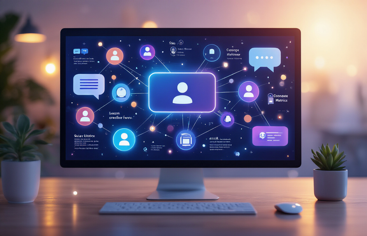 Create a realistic image of a modern computer screen displaying a vibrant online community dashboard with interconnected icons representing essential features like chat bubbles, user profiles, notification bells, discussion forums, engagement metrics, and connection nodes, surrounded by soft ambient lighting from a contemporary workspace, with warm blue and purple interface glows reflecting on the screen surface, creating an inviting and professional atmosphere that conveys digital community connectivity and success, absolutely NO text should be in the scene.