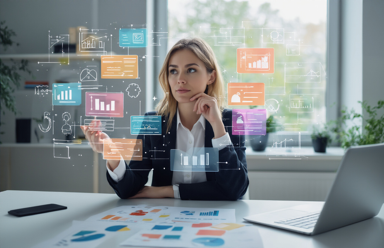 Create a realistic image of a white female professional sitting at a modern desk with a laptop, thoughtfully comparing different digital platform options displayed as colorful interface mockups floating holographically above the screen, surrounded by decision-making elements like flowcharts, comparison charts, and goal-setting notes scattered on the desk, in a bright contemporary office environment with natural lighting from a window, conveying a sense of strategic planning and careful consideration, absolutely NO text should be in the scene.
