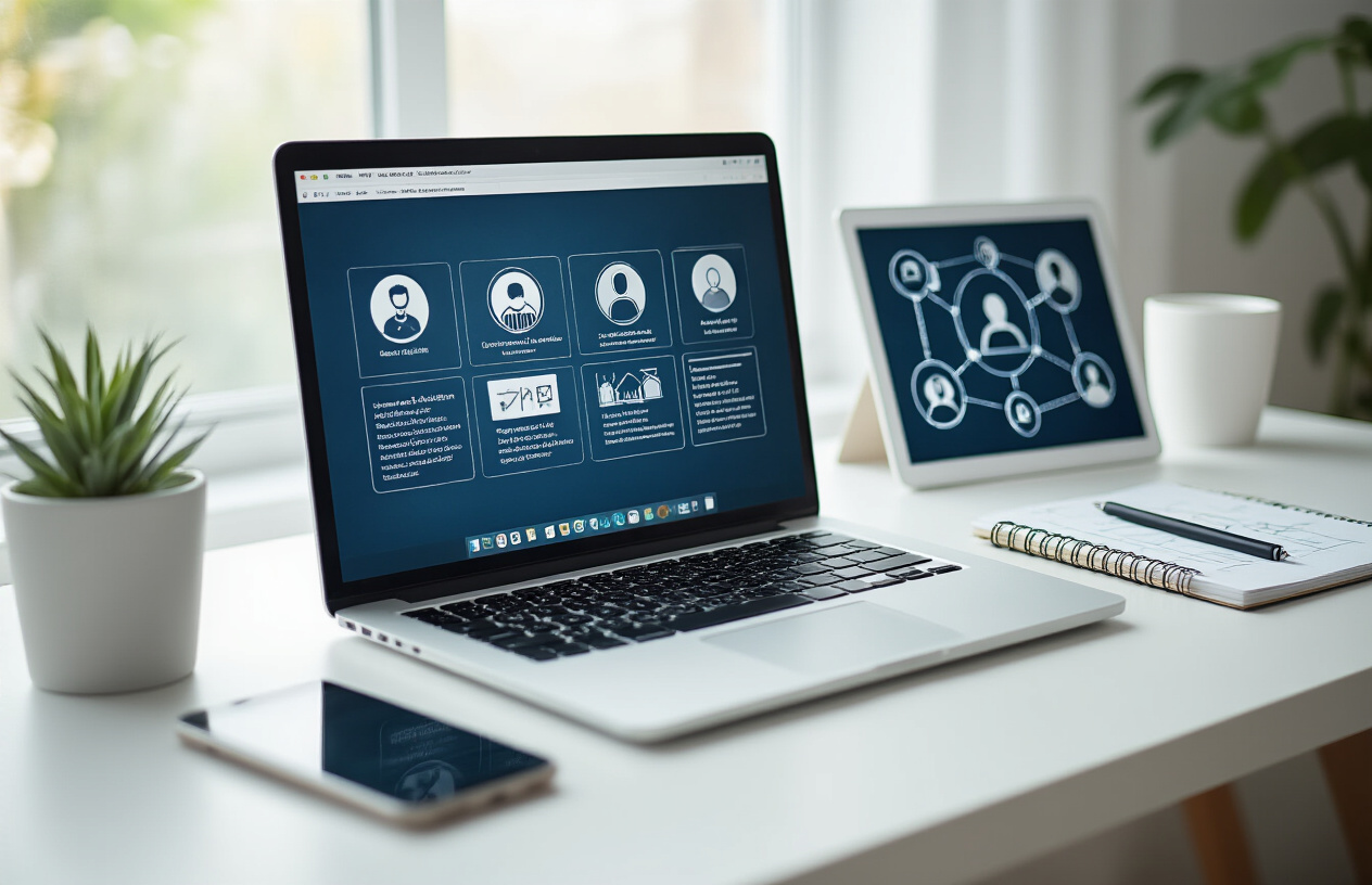 Create a realistic image of a modern workspace showing a laptop computer with multiple browser tabs open displaying different community platform interfaces, surrounded by a smartphone, tablet, and notepad with sketched diagrams of people connected in networks, all arranged on a clean white desk with soft natural lighting from a nearby window, creating a professional and organized atmosphere that conveys decision-making and digital community planning, with subtle geometric shapes and connection lines visible on the screens suggesting online communities and networking, absolutely NO text should be in the scene.