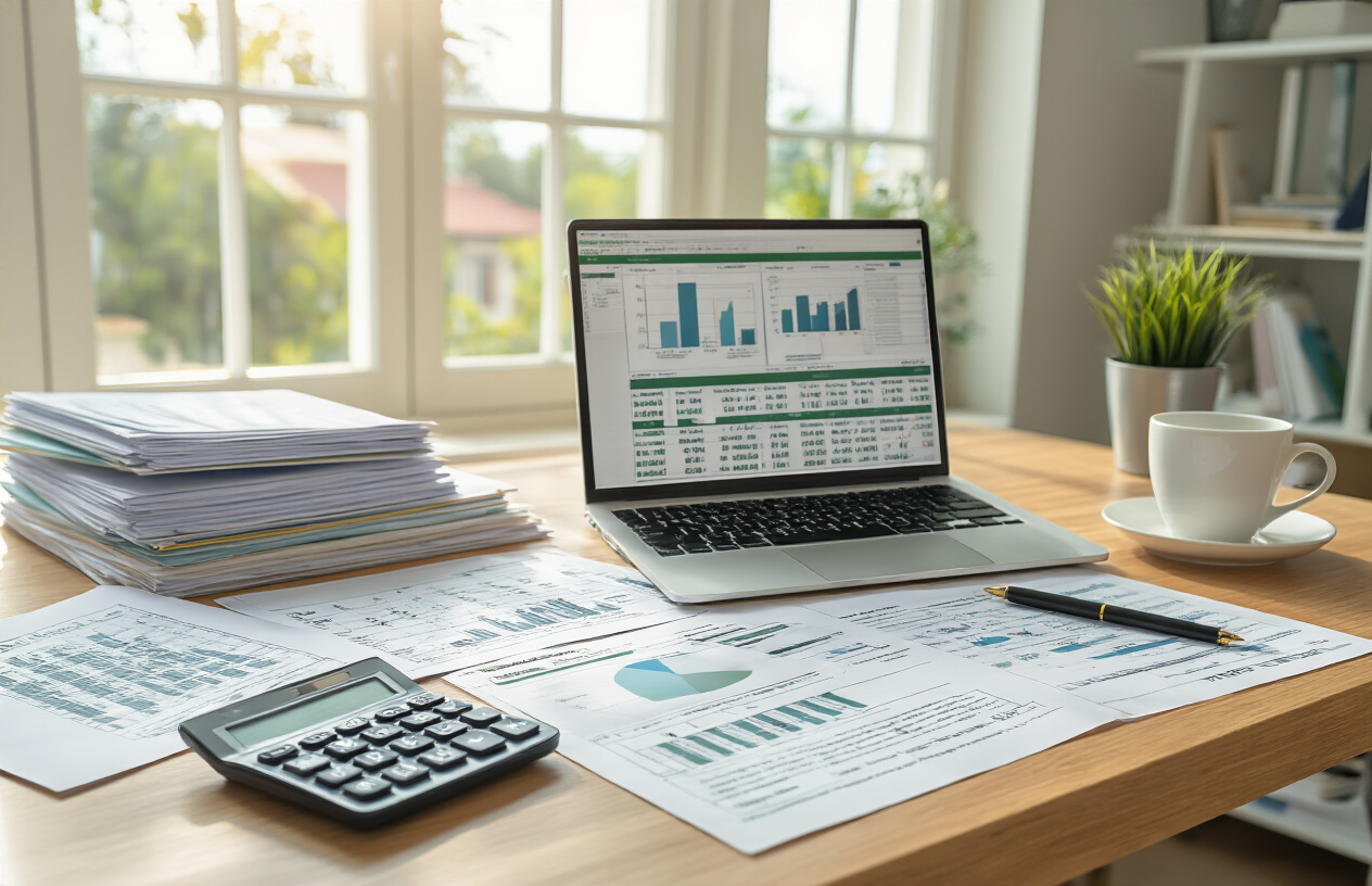 Create a realistic image of a clean modern desk setup with tax documents, calculators, and financial planning materials spread out, featuring a laptop displaying spreadsheet data, organized file folders, and a coffee cup, set in a bright home office environment with natural lighting from a window, conveying a productive and organized atmosphere for financial planning, absolutely NO text should be in the scene.