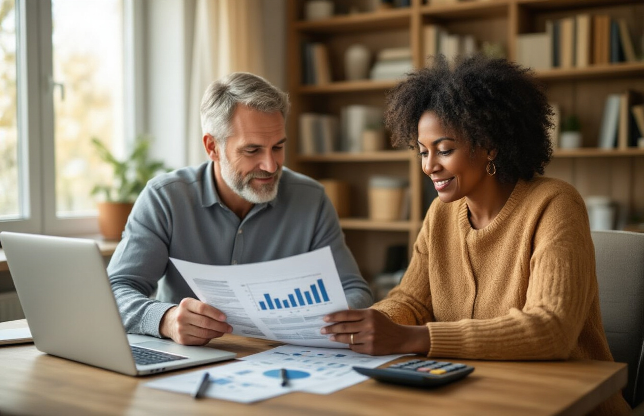 Create a realistic image of a middle-aged white male and black female sitting at a modern wooden desk reviewing financial documents and charts related to retirement accounts, with laptops open showing investment portfolios, calculator and pen nearby, comfortable home office setting with bookshelves in the background, warm natural lighting from a window, focused and collaborative atmosphere as they plan their retirement strategy, Absolutely NO text should be in the scene.