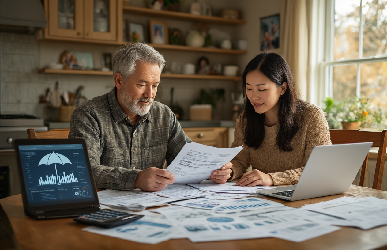 Create a realistic image of a middle-aged white male and Asian female sitting at a kitchen table reviewing various insurance documents and financial papers spread across the surface, with a laptop computer open showing charts and graphs, a calculator nearby, and a protective umbrella icon visible on the laptop screen, warm natural lighting from a nearby window creating a comfortable home environment, both people appearing focused and engaged in planning, with a cozy middle-class home interior in the background featuring family photos on shelves, absolutely NO text should be in the scene.
