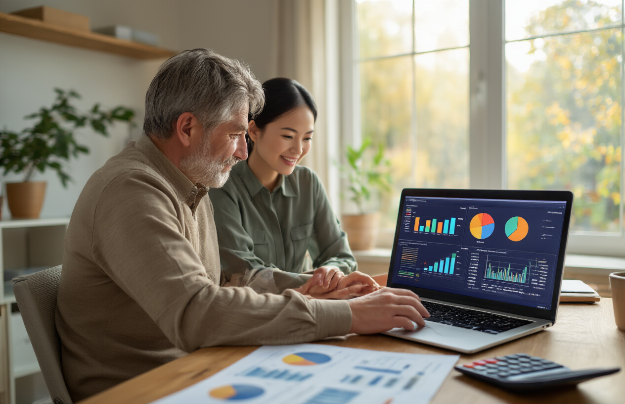 Create a realistic image of a middle-aged white male and Asian female sitting at a modern home office desk, looking at a laptop screen displaying colorful pie charts and investment graphs, with financial documents and a calculator spread on the desk, warm natural lighting from a nearby window, professional yet comfortable atmosphere suggesting careful portfolio management and financial planning, Absolutely NO text should be in the scene.