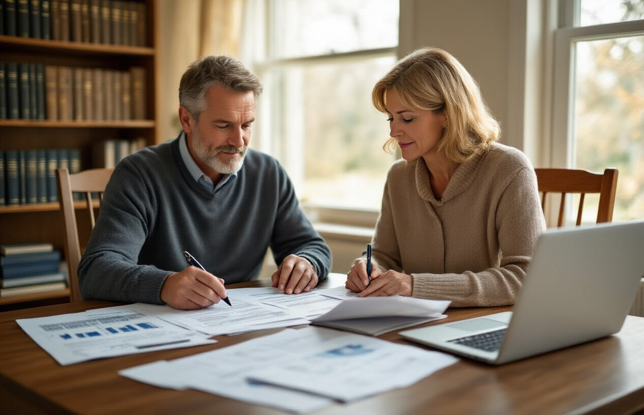 Create a realistic image of a middle-aged white male and female couple sitting at a wooden desk in a well-lit home office, reviewing important legal documents spread across the desk including wills and estate planning papers, with a laptop computer open showing financial charts, a pen in hand, warm natural lighting from a window, bookshelves with legal and financial books in the background, creating a thoughtful and organized atmosphere of responsible financial planning, absolutely NO text should be in the scene.