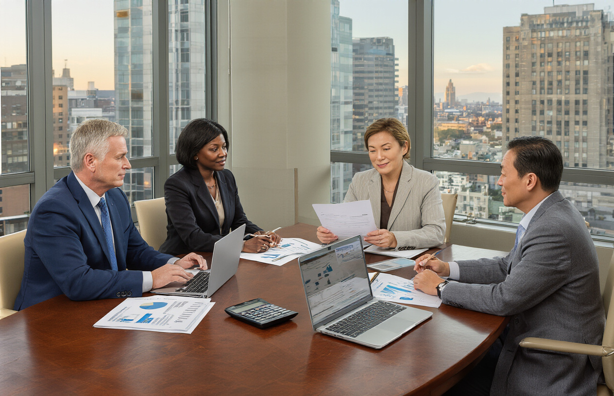 Create a realistic image of a professional meeting scene showing a diverse financial advisory team consisting of a white male advisor in a navy suit, a black female advisor in professional attire, and an Asian male advisor, sitting around a polished wooden conference table with middle-aged clients - a white couple in their 50s - discussing retirement planning, with laptops, financial documents, charts, and calculators spread across the table, set in a modern office environment with large windows showing city views, warm natural lighting, and professional atmosphere conveying trust and expertise, absolutely NO text should be in the scene.