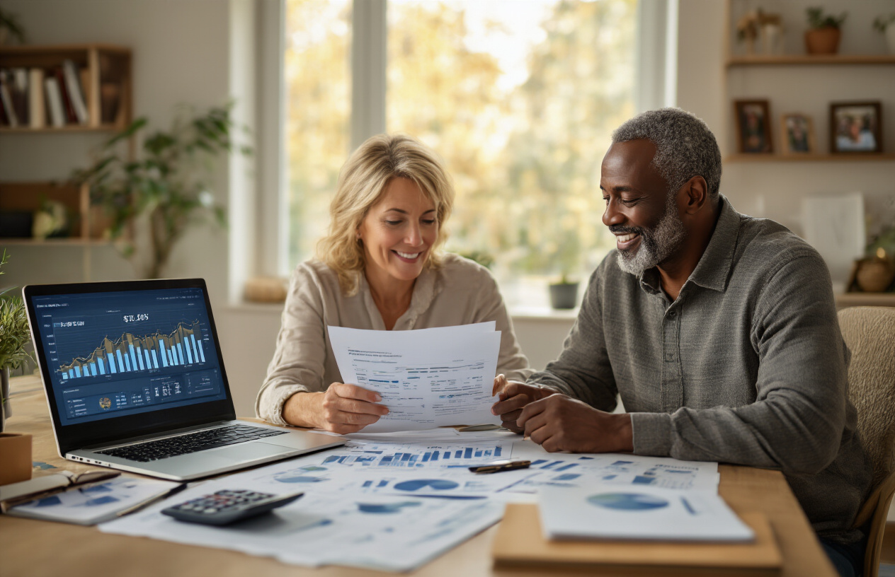 Create a realistic image of a diverse middle-aged couple, one white female and one black male, sitting together at a modern home office desk reviewing financial documents and charts spread across the surface, with a laptop displaying investment portfolio graphs, a calculator, and retirement planning folders nearby, warm natural lighting streaming through a window in the background creating a hopeful and secure atmosphere, both people appearing confident and satisfied as they plan their financial future together, professional yet comfortable home setting with bookshelves and family photos visible in the softly blurred background, absolutely NO text should be in the scene.