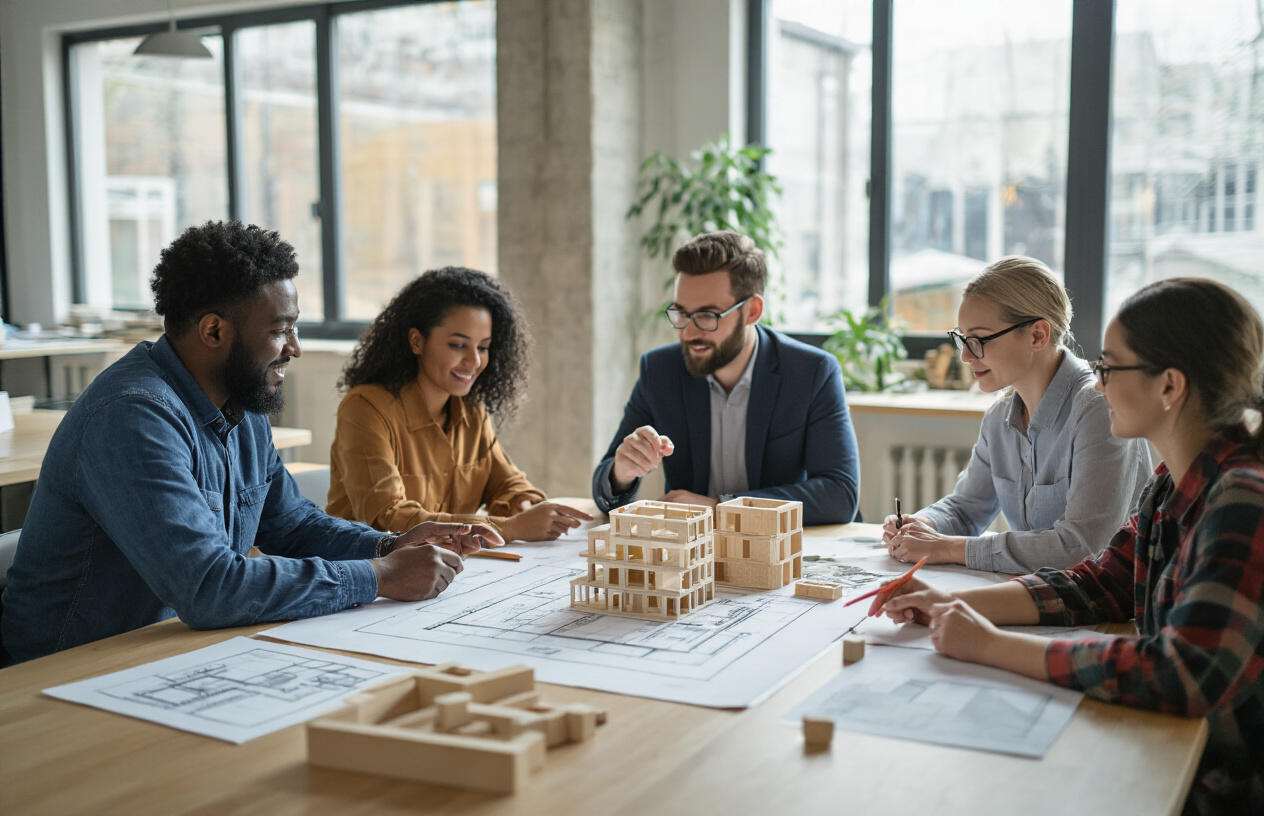 Create a realistic image of a diverse group of professionals sitting around a modern conference table with architectural blueprints, foundation stones, and building blocks scattered on the surface, representing the planning and foundational elements of community building, with a bright office environment featuring large windows, natural lighting, and a collaborative atmosphere where people are actively discussing and pointing at the materials, absolutely NO text should be in the scene.