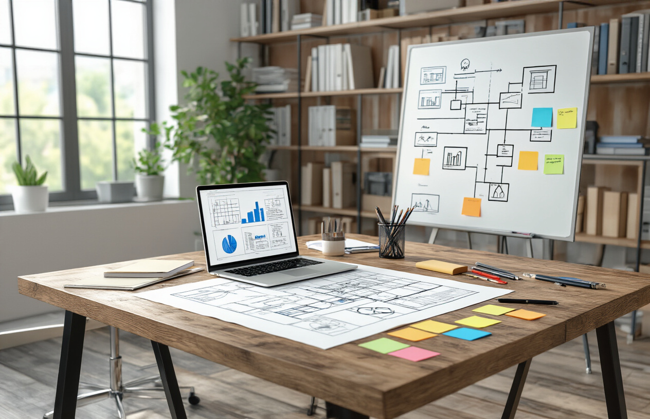Create a realistic image of a modern workspace featuring architectural blueprints and flowcharts spread across a large wooden desk, with a laptop displaying organizational diagrams, sticky notes in various colors arranged in structured patterns, a whiteboard in the background showing interconnected boxes and arrows representing community hierarchy, professional planning tools like rulers and pens scattered around, warm natural lighting from a nearby window, clean and organized office environment with bookshelves containing business and strategy books, absolutely NO text should be in the scene.