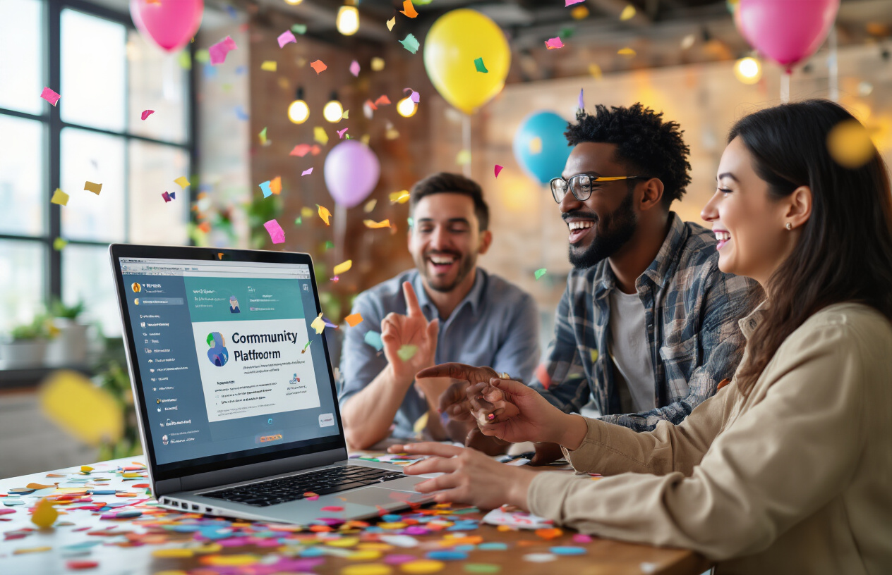 Create a realistic image of a diverse group of people celebrating around a laptop computer showing a community platform interface, with colorful confetti and balloons in the background, warm lighting creating an energetic and successful atmosphere, featuring a white female team leader pointing at the screen while a black male and an Asian female colleague smile and applaud, modern office setting with large windows showing daylight, absolutely NO text should be in the scene.