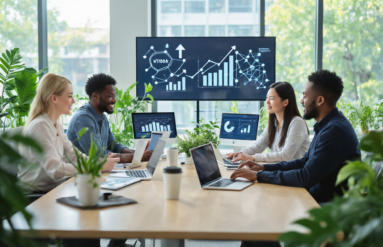 Create a realistic image of a diverse group of people including a white female, black male, and Asian female collaborating around a modern conference table with laptops and digital devices, surrounded by visual elements representing growth such as upward trending arrow graphics on wall displays, interconnected network diagrams, and flourishing plants, set in a bright contemporary office space with natural lighting streaming through large windows, conveying an atmosphere of progress and expansion, absolutely NO text should be in the scene.