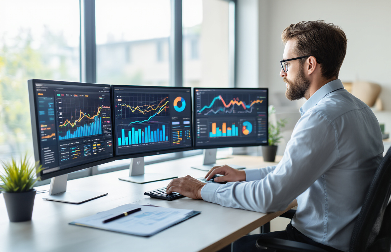 Create a realistic image of a white male professional sitting at a modern desk with multiple computer monitors displaying colorful analytics dashboards, charts, and graphs with rising trend lines, surrounded by a sleek office environment with natural lighting from a large window, the person actively analyzing data on the screens while taking notes, with a focused and analytical mood, absolutely NO text should be in the scene.