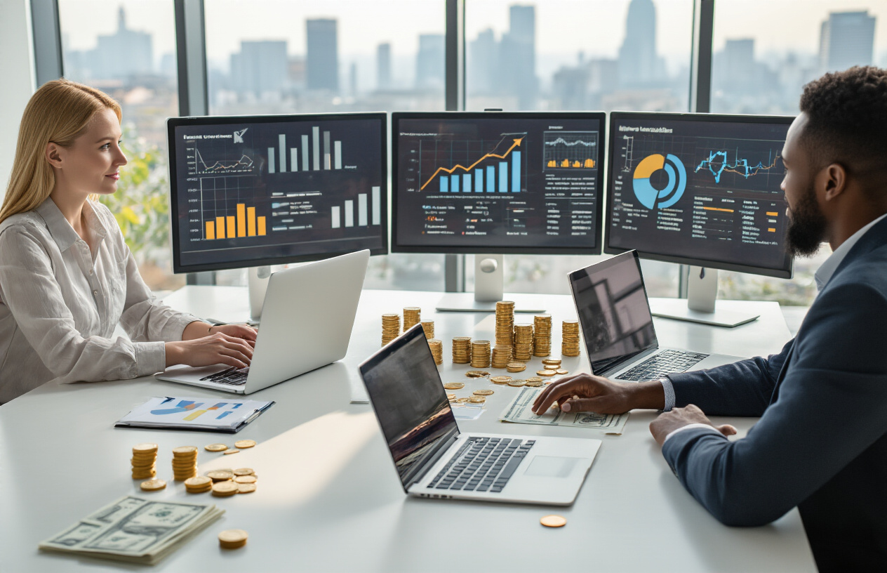 Create a realistic image of a diverse group of people including a white female and black male entrepreneur sitting at a modern conference table with laptops, charts showing upward growth trends, stacks of coins, dollar bills, and subscription revenue models displayed on sleek monitors, set in a bright contemporary office space with large windows showing a city skyline, conveying success and financial sustainability, with warm natural lighting creating an optimistic and professional atmosphere, absolutely NO text should be in the scene.