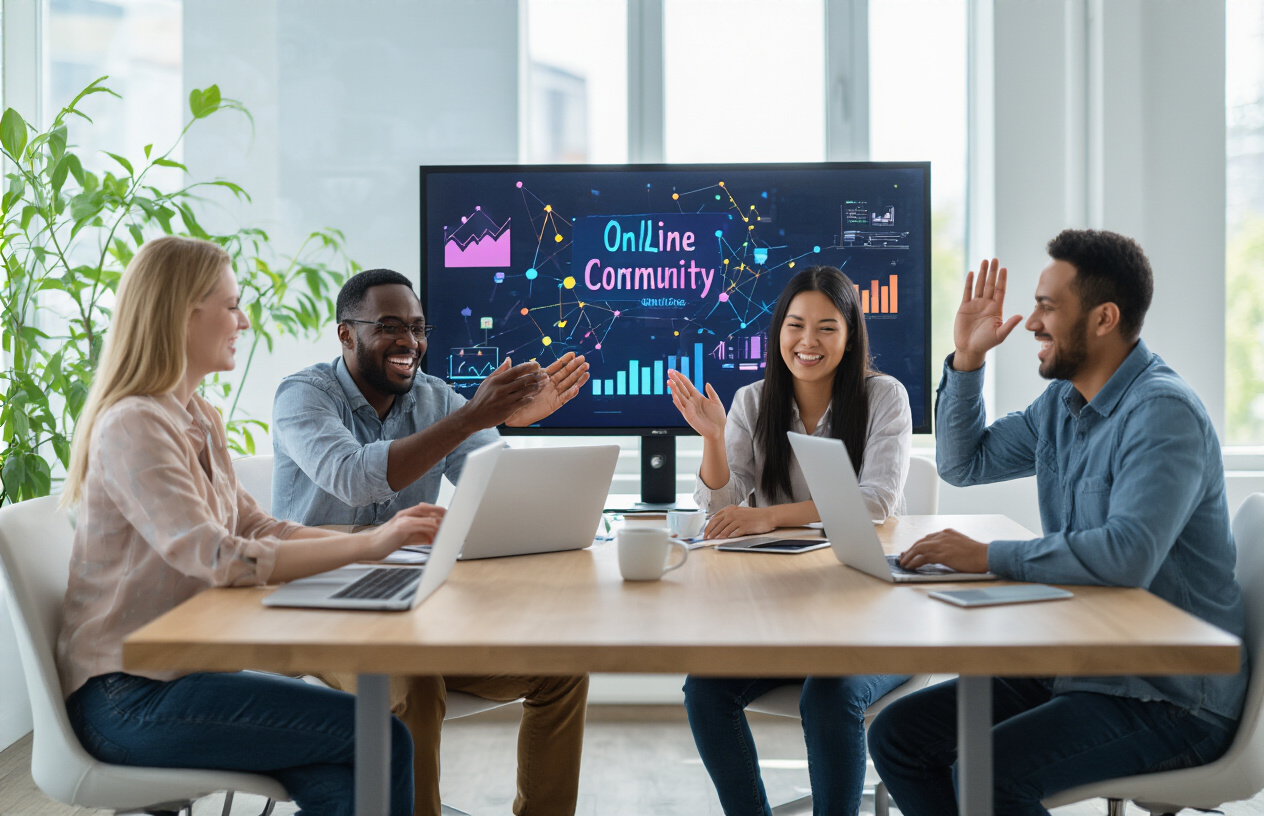 Create a realistic image of a diverse group of four people - one white female, one black male, one Asian female, and one Hispanic male - sitting around a modern conference table with laptops and tablets, celebrating and high-fiving after successfully building their online community, with a large monitor in the background displaying colorful network connection graphics and growth charts, in a bright modern office space with natural lighting from large windows, conveying achievement and collaboration, absolutely NO text should be in the scene.
