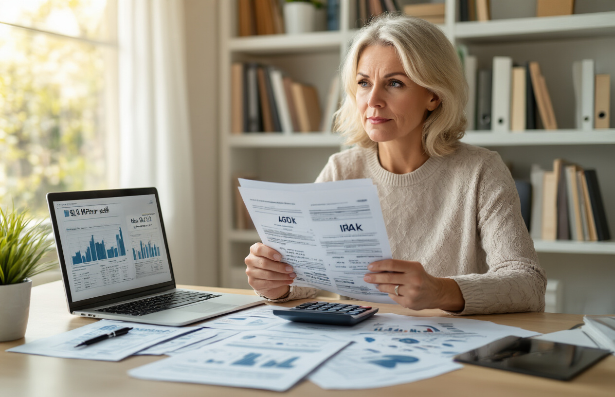 Create a realistic image of a middle-aged white female sitting at a modern desk with multiple retirement account documents spread out, including 401k and IRA statements, a calculator, laptop showing financial charts, and a pen in hand, with bookshelves containing financial planning books in the background, warm natural lighting from a window, conveying a focused and organized atmosphere of strategic financial planning, absolutely NO text should be in the scene.